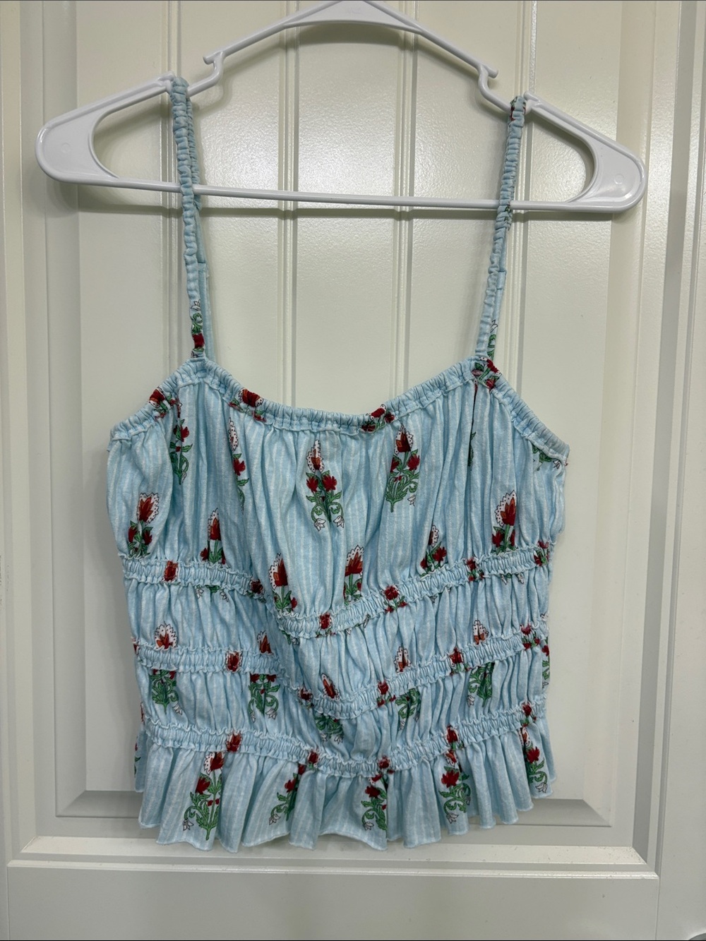 NWT We The Free Light Blue Floral Smocked Cami with Red Green Print